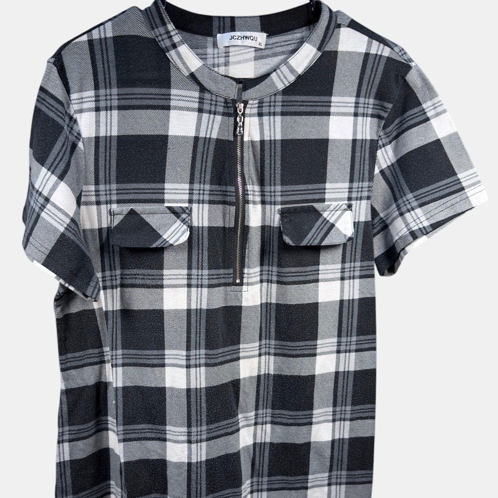 JCZHWQU Plaid Blouse XL Womens Quarter Zip Short Sleeve Black White